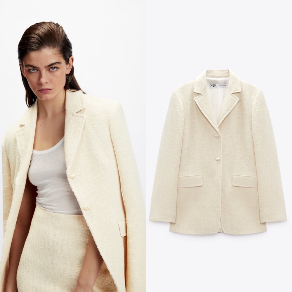 Zara Tweed TEXTURED COTTON BLAZER W/ POCKETS PEARL BUTTONS BEIGE NEW